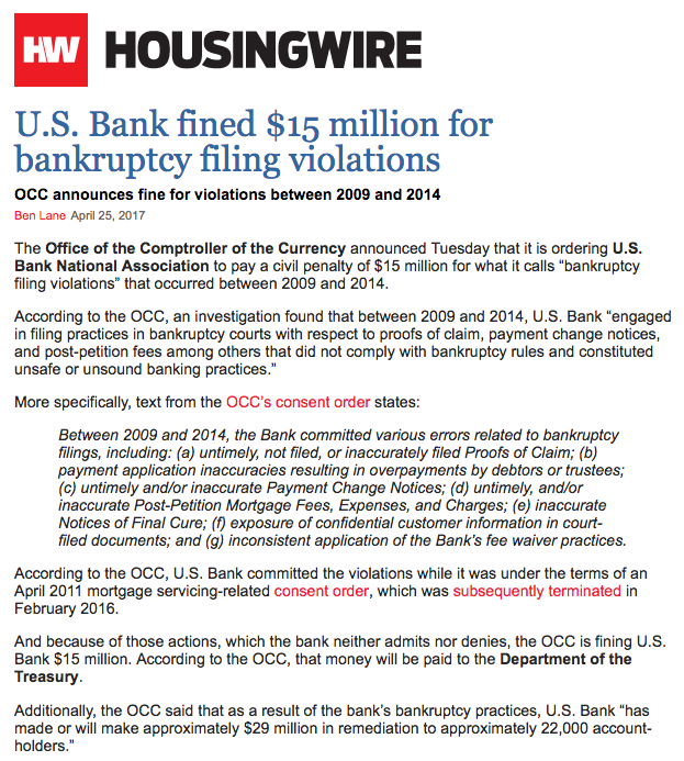 US Bank Bankruptcy Violations